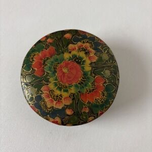 VTG Kashmir Lacquer Floral Hand Painted Trinket Box Paper Mache India Notch
